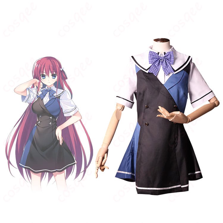 商品正面とキャラクター周防天音のコスプレ衣装の写真。高再現度の美浜学園制服スタイル。