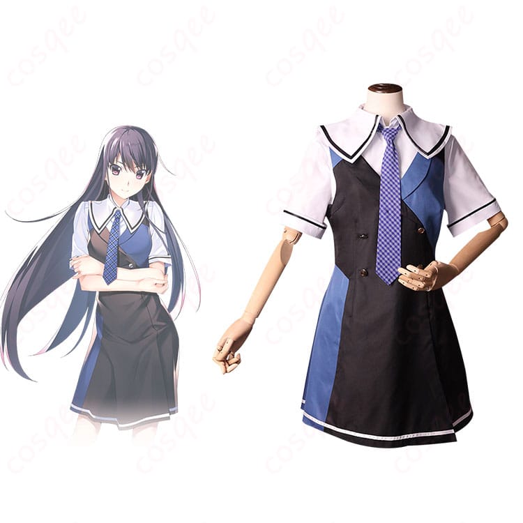 商品正面とキャラクター人物が一緒に写った画像。榊由美子の美浜学園制服コスプレ衣装の全体像。