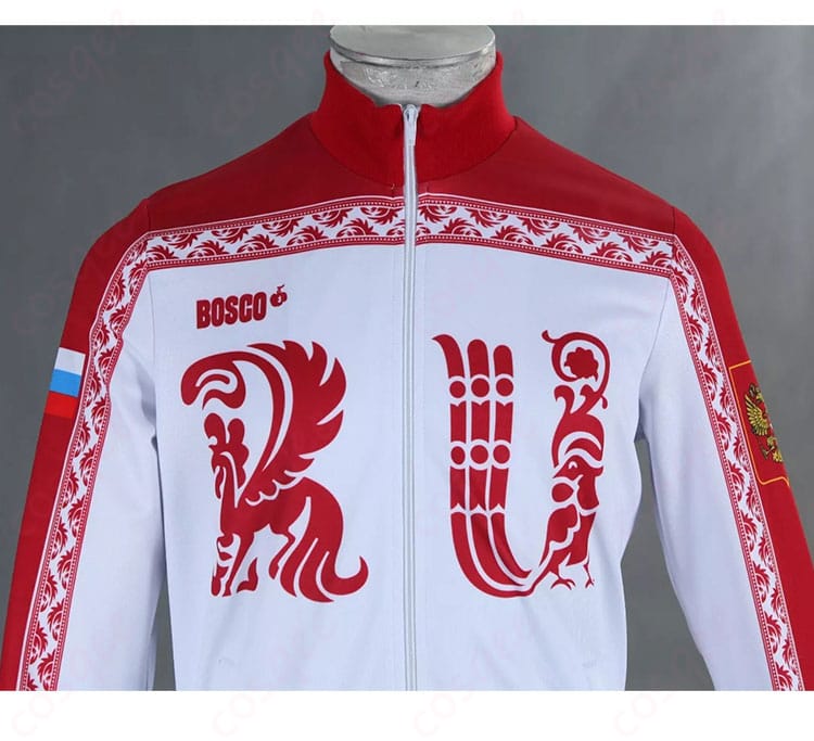 ヴィクトル・ニキフォロフのコスプレ衣装の衣襟装飾の詳細。精密な刺繍やデザインが特徴。