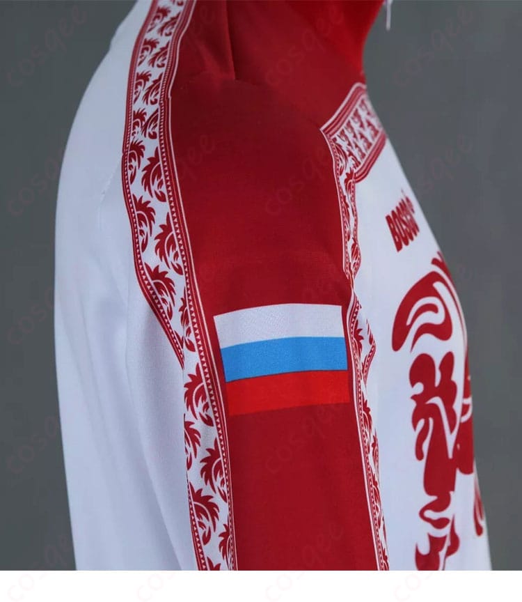 ヴィクトル・ニキフォロフのコスプレ衣装の右袖部分のロゴと装飾の細部。アニメの忠実な再現。