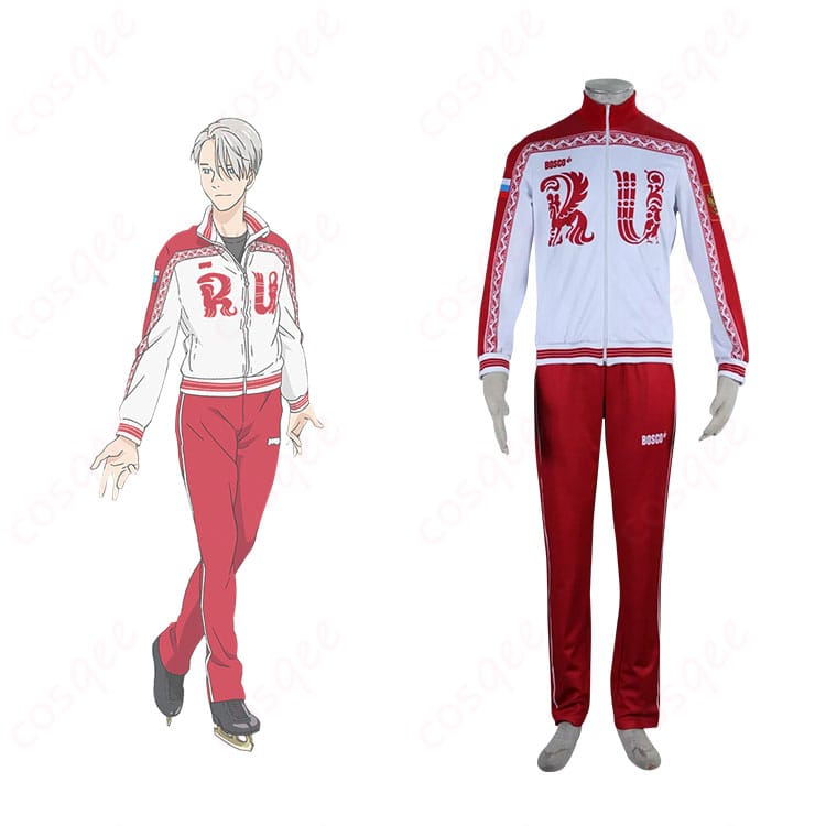 ヴィクトル・ニキフォロフのコスプレ衣装正面とキャラクターが一緒に写った画像。ユーリ!!! on ICEの魅力を再現したコスプレ衣装。
