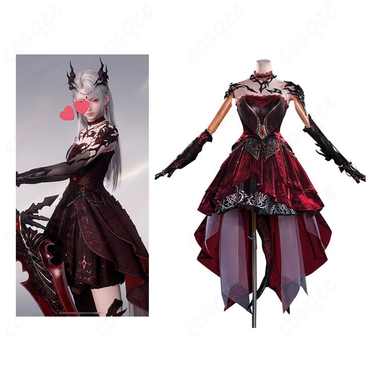 商品正面とプレイヤーアバターが一緒に写ったコスプレ衣装の画像。深紅の熱情衣装の全体像。コスプレ衣装、ゲームキャラクター、忠実再現。