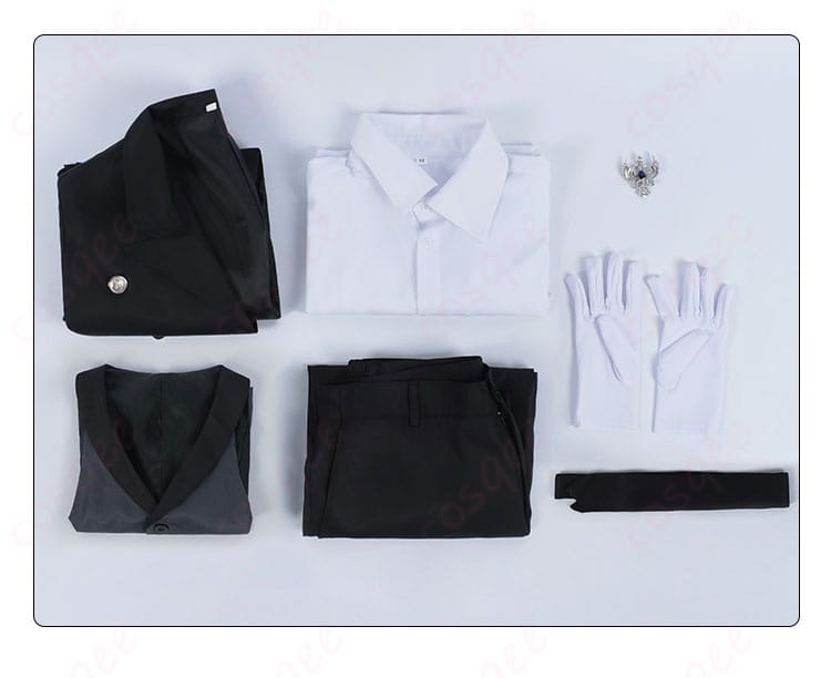 セット内容の展示。セバスチャン・ミカエリスのコスプレ衣装のすべてのアイテムを一目で確認できる画像。