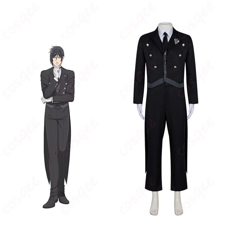 商品正面とキャラクターのイメージを組み合わせたセバスチャン・ミカエリスのコスプレ衣装。黒執事の魅力的なデザインを忠実に再現。