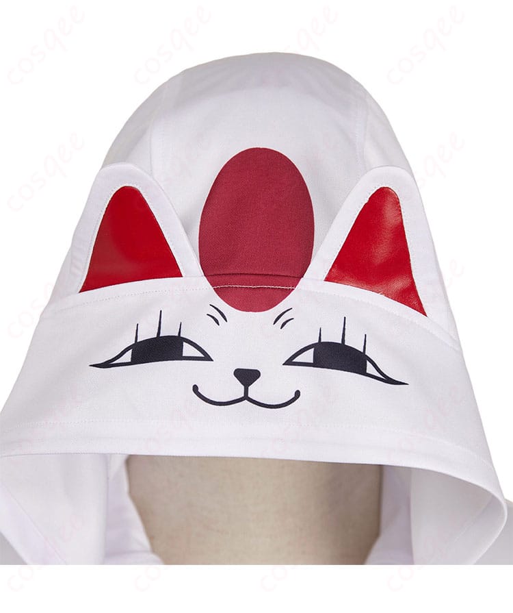 ターボババア 招き猫 コスプレ衣装 パーカーの帽子の装飾ディテール。キャラクターらしいデザインが際立っています。