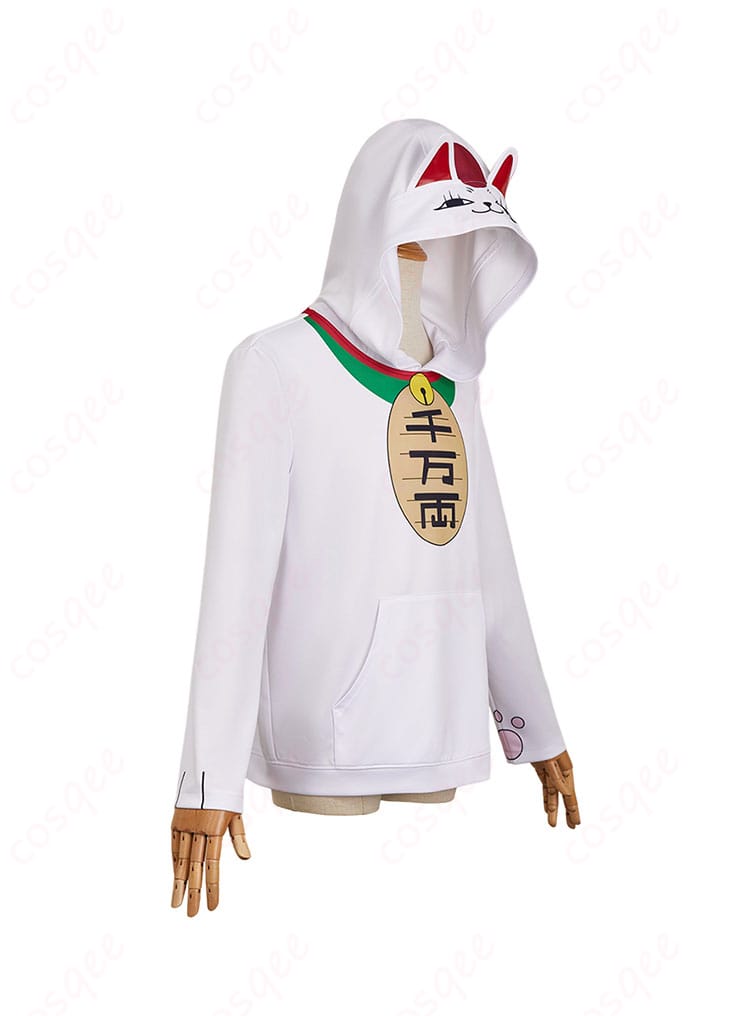ダンダダンのターボババア 招き猫 コスプレ衣装 パーカーの左側の写真。シンプルでありながら魅力的なデザイン。