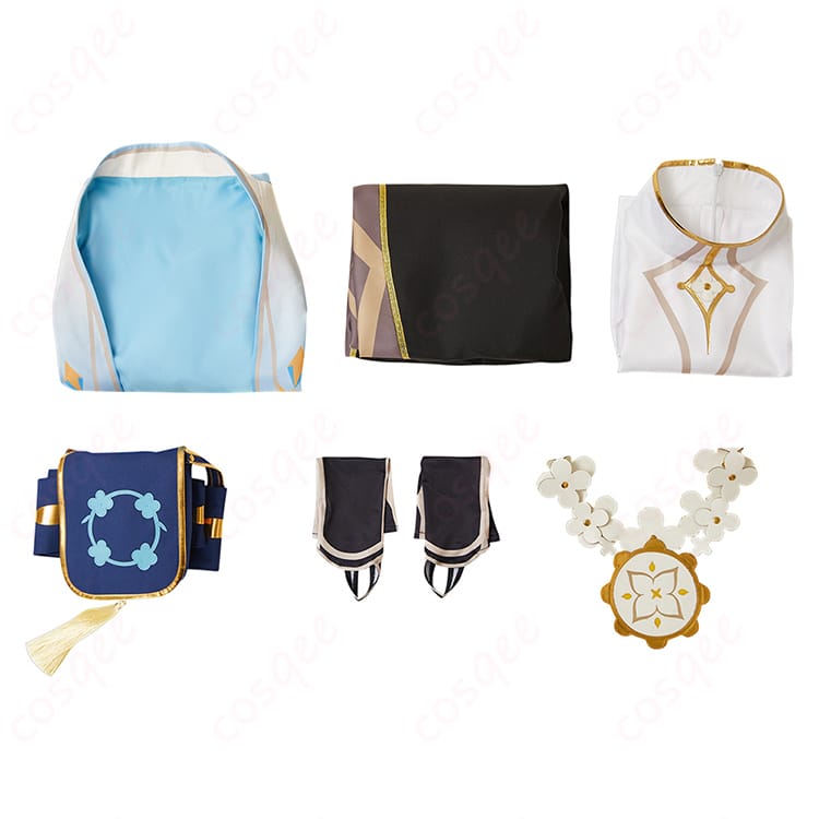 原神 空(Aether) コスプレ衣装 花の騎士 セット内容が展示された写真。アイテムがきちんと含まれています。