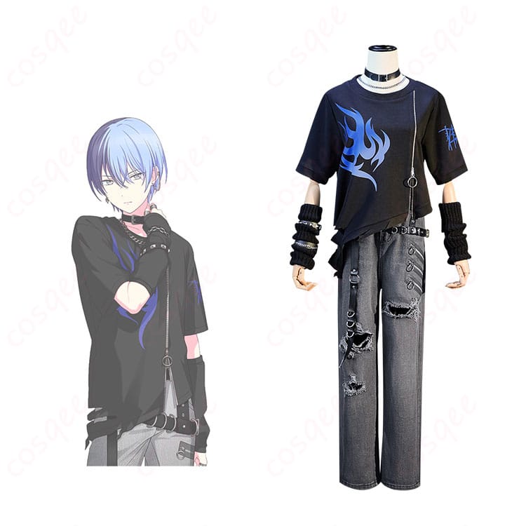 プロジェクトセカイ 青柳冬弥 コスプレ衣装 正面とキャラクターの組み合わせ画像。キャラクターの特徴を忠実に再現した衣装。コスプレイベントや写真撮影に最適。