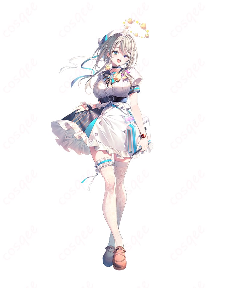 商品役キャラクターと本阿弥あずさのコスプレ衣装を着た画像。忠実再現されたデザインで、VTuberファン必見の衣装です。