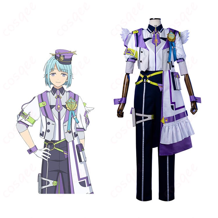 商品正面とキャラクター人物の組み合わせ画像 - あんさんぶるスターズ!!Musicの紫之創、影片みか、遊木真のコスプレ衣装を着たキャラクターと一緒に撮影された商品画像です。コスプレ衣装の魅力を引き立てます。