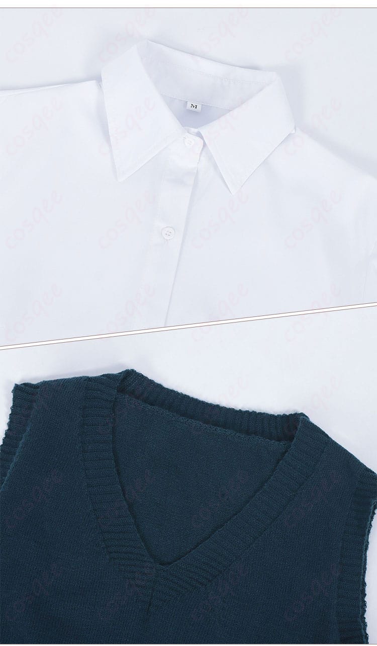 シャツとベストの細部 – 100カノ好本静コスプレ衣装のシャツとベスト部分の細部。高品質な仕上げ。