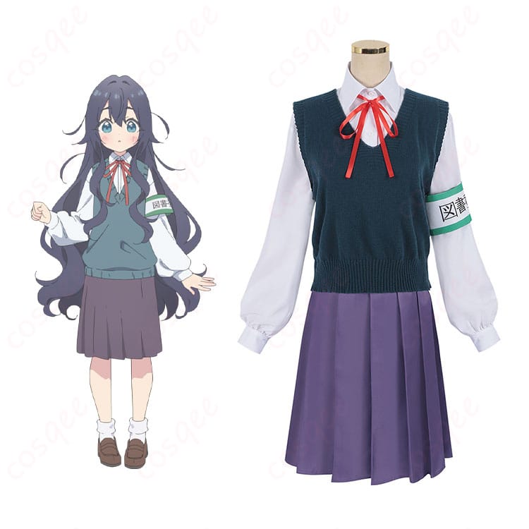 商品正面とキャラクターとの比較画像 – 『100カノ』好本静 コスプレ衣装の正面とキャラクターが完全に一致したデザイン。