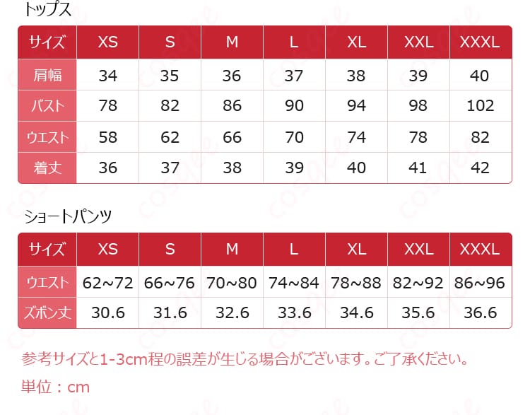 トレイシー・レズニック コスプレ衣装 サイズ対応データ。衣装のサイズと寸法に関する情報画像。