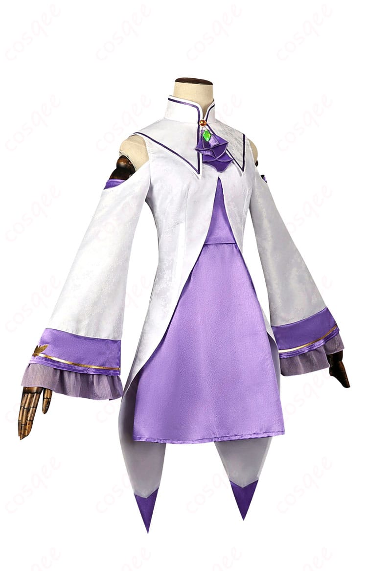 商品側面画像 - エミリアのコスプレ衣装側面図。エルフ耳や衣装の細部が美しく再現されています。