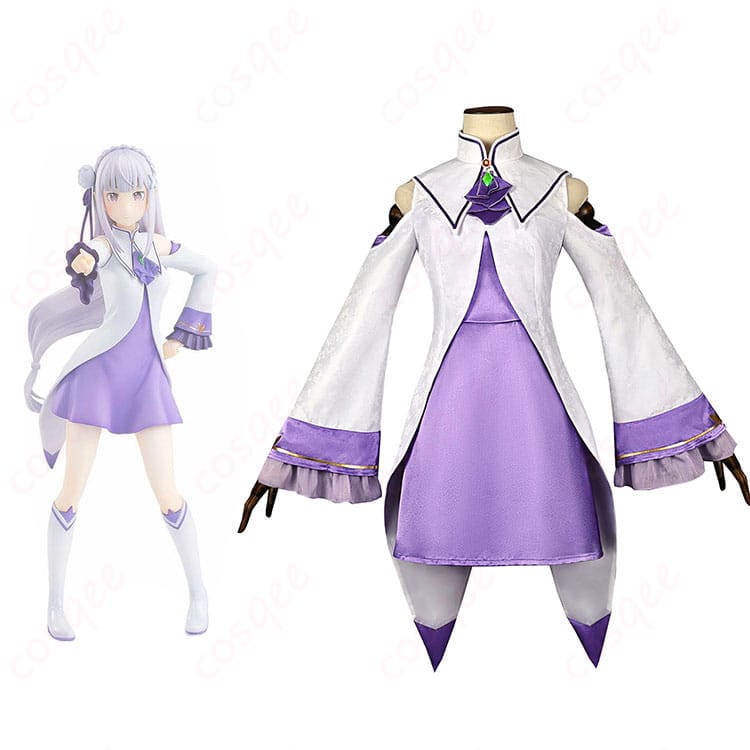 商品正面とキャラクターの比較画像 - Re:ゼロ エミリア コスプレ衣装の正面写真。キャラクターとの忠実再現が魅力的。
