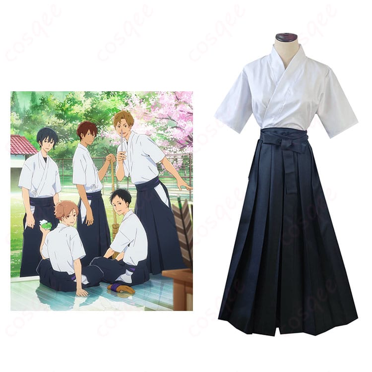 ツルネ 藤原愁 コスプレ衣装 正面とキャラクターの比較画像。高再現度で、弓道着のディテールも完璧に再現！