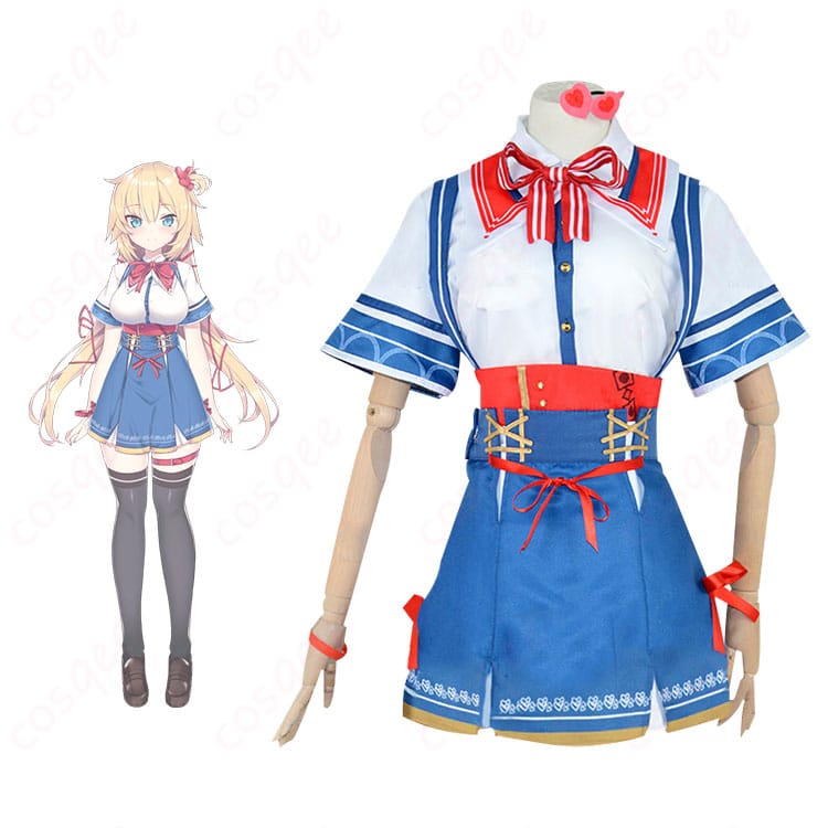 商品正面と赤井はあとキャラクターが一緒に写ったコスプレ衣装の画像。高再現度のデザインと細部までこだわった衣装。