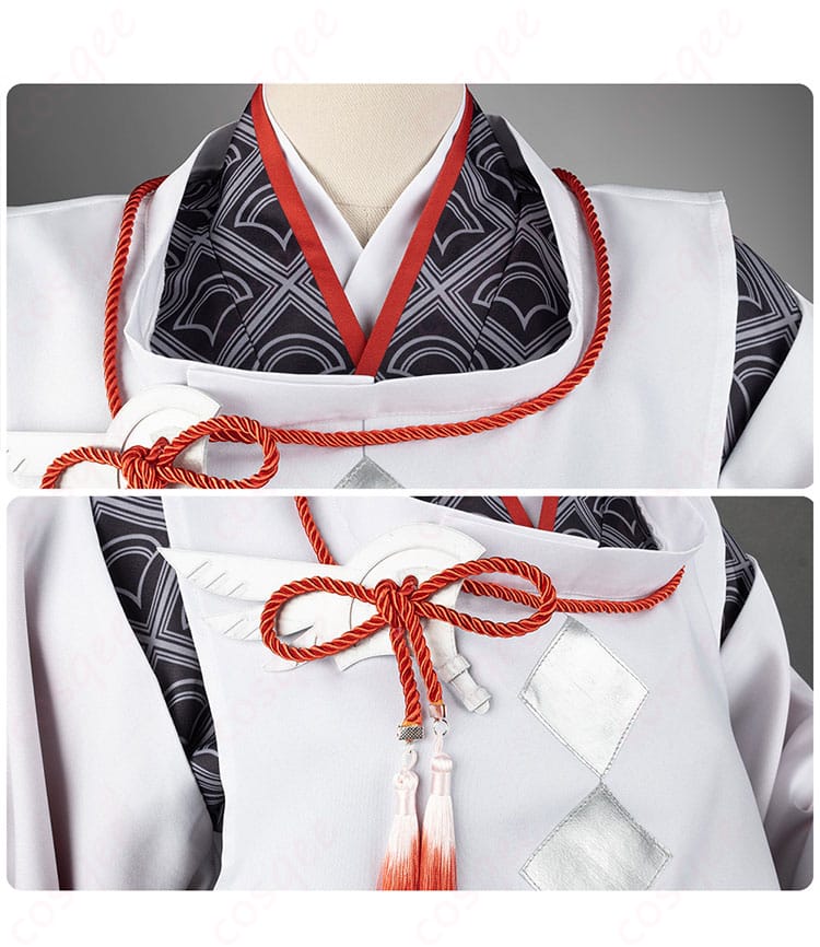 服の襟と系綱装飾の細部画像。細やかな装飾が和服の美しさを引き立てています。