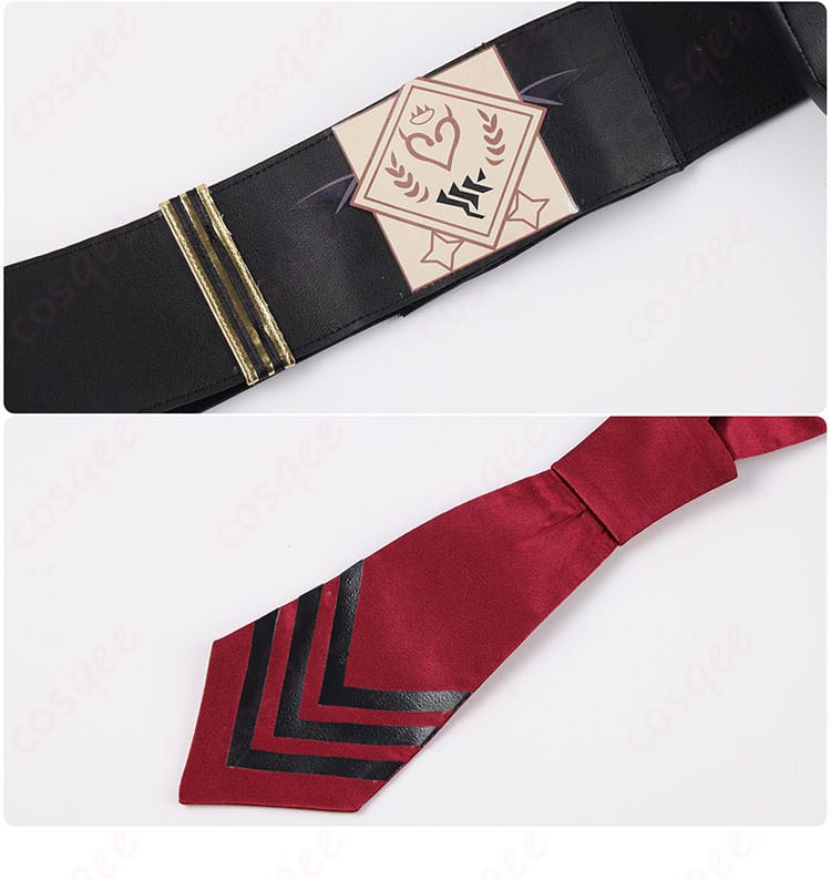 ウエストベルトとネクタイ装飾の細部。ブルーアーカイブのキャラクターコスプレ衣装の装飾部分。