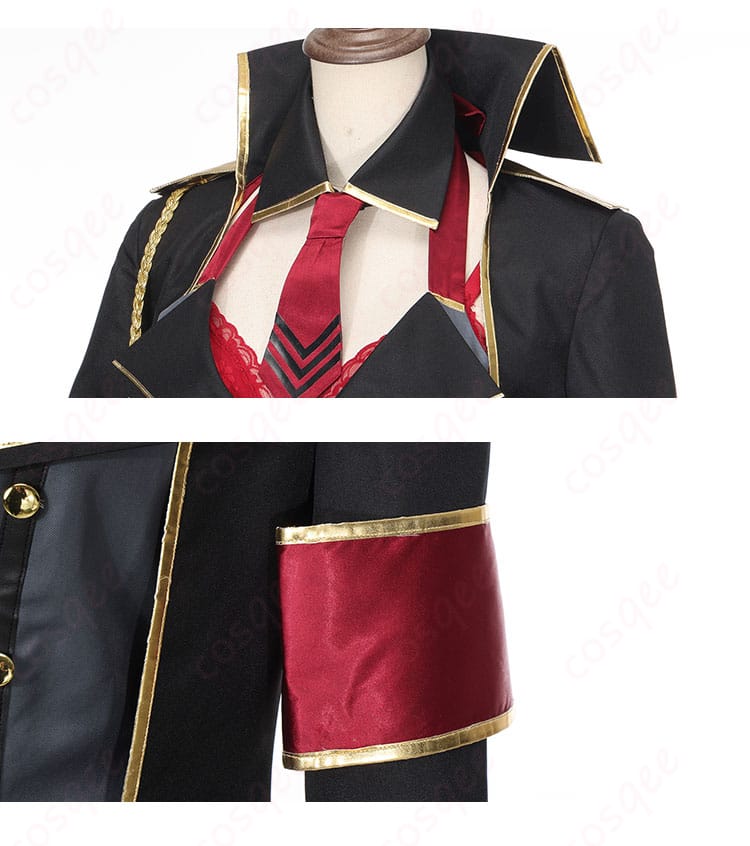 コスプレ衣装のネクタイと袖の装飾の細部。京極サツキのコスプレ衣装に施された華やかなデザイン。