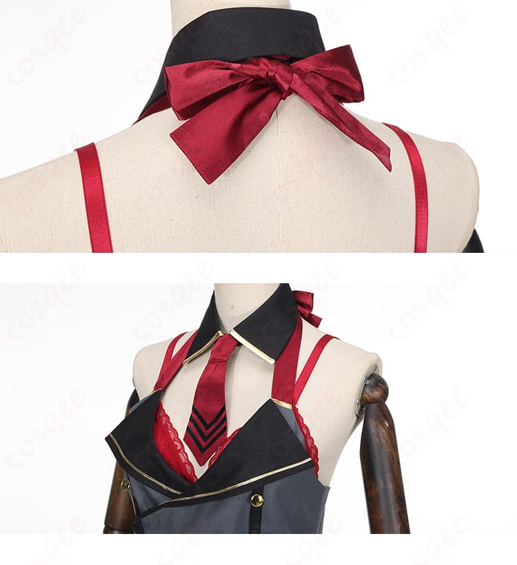 コスプレ衣装の蝶ネクタイと襟の装飾。京極サツキの衣装における細部の美しさを強調。