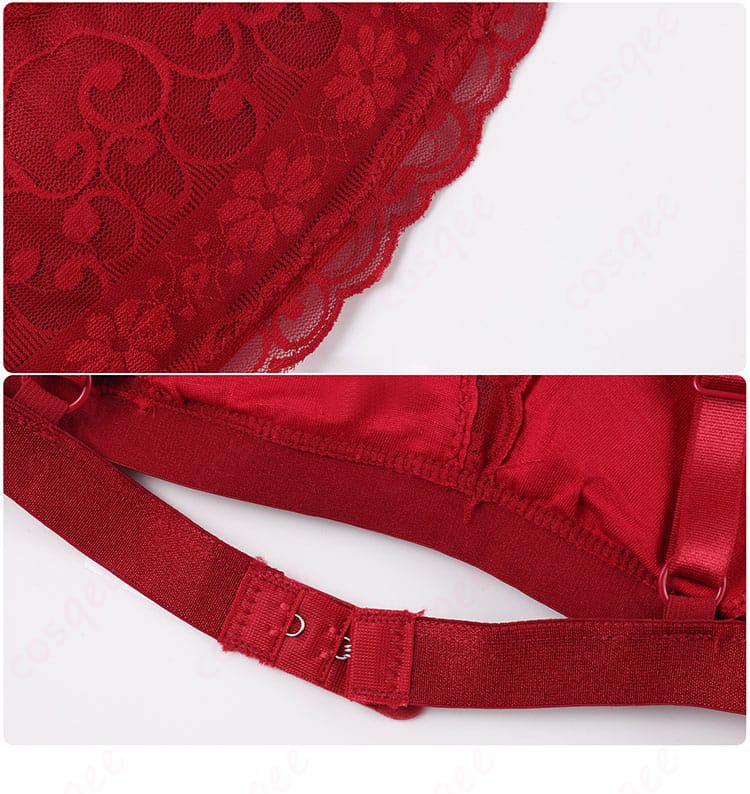 内搭服の花模様装飾と衣服のボタン細部。京極サツキのコスプレ衣装の繊細なディテール。