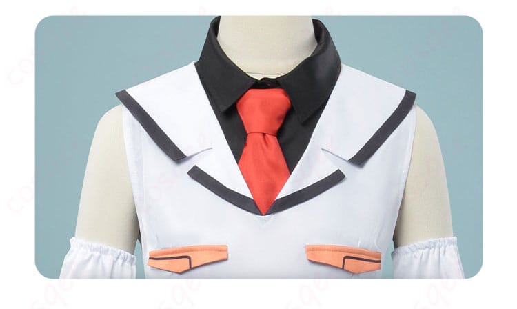 服の襟元とネクタイ装飾の詳細画像 - アイラのコスプレ衣装の襟元とネクタイのデザイン、リアルで精密。