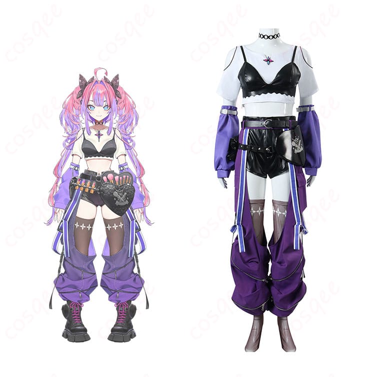 商品正面とキャラクター人物のコスプレ衣装の詳細な画像。ホロライブ 綺々羅々ヴィヴィの衣装が忠実に再現されています。