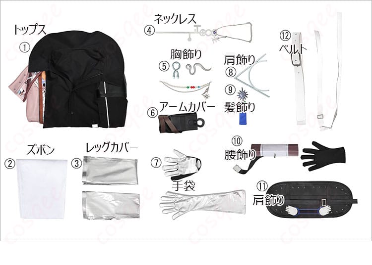 アークナイツ 引星ソーンズ コスプレ衣装 セット内容の紹介画像。衣装一式がすべて揃っています。