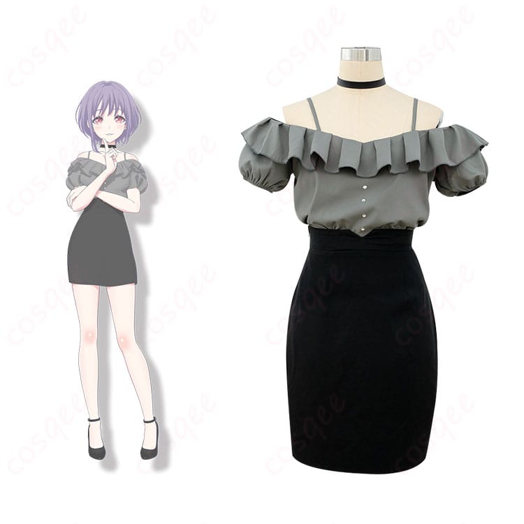 商品正面とキャラクター祐天寺にゃむのコスプレ衣装を一緒に写した画像。バンドリ!のMyGO!!!!!メンバー、祐天寺にゃむの衣装詳細。