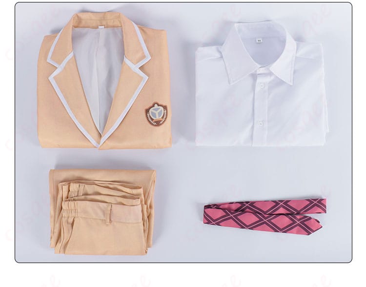 北条才人 コスプレ衣装のセット内容を紹介、コート、シャツ、ズボン、ネクタイが含まれている。