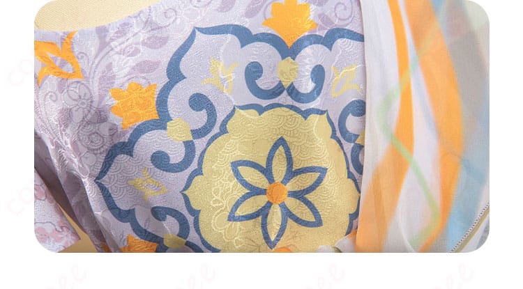 衣襟の装飾細部。キャラクター忠実に再現されたデザインと美しい刺繍。