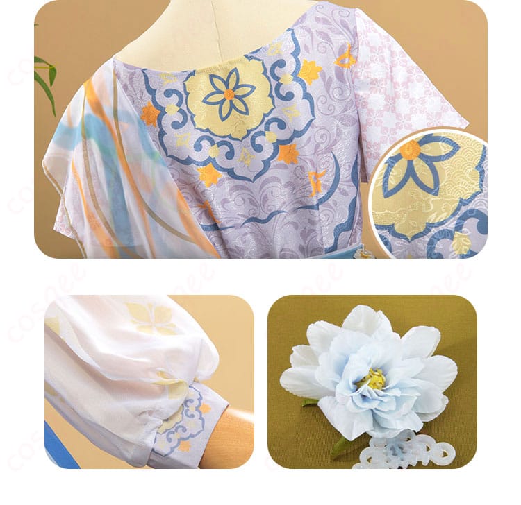 服装背面と袖装飾の詳細。エミリー・ダイアーの衣装、後ろ姿の精巧なデザイン。