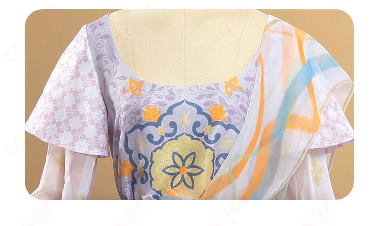 服装の襟の装飾細部。エミリー・ダイアーの「薬司」衣装の繊細なデザインが特徴。