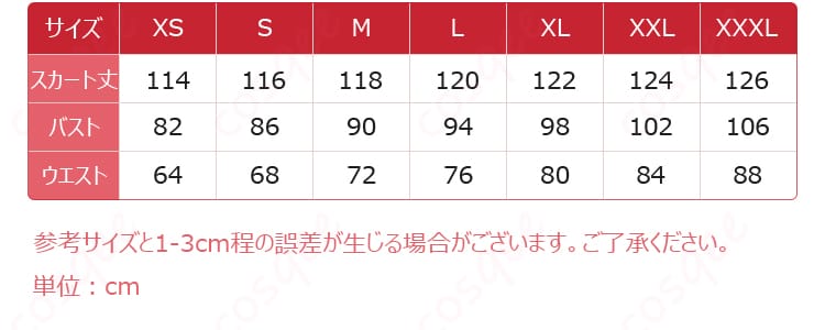 サイズと寸法対応データ画像 - コスプレ衣装のサイズと対応する寸法データの詳細。