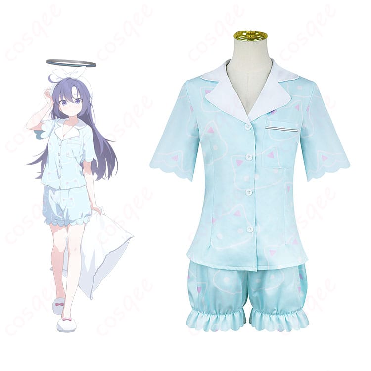 商品正面とキャラ立ち絵を並べたブルアーカイブ早瀬ユウカパジャマコスプレ衣装|忠実再現で通販受付中