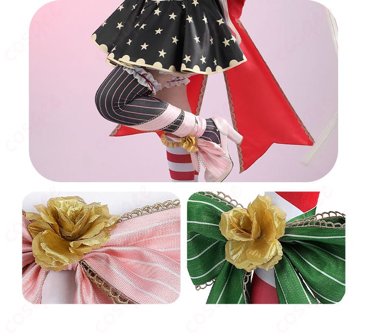 蝶結び花飾り足元ディテール|足元の蝶結びと花飾りの細部を強調、ラブライブ!コスプレ衣装