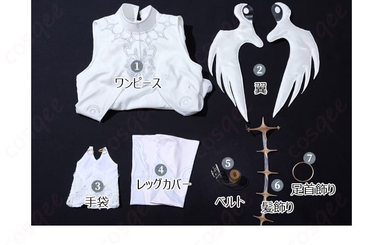 セット内容を展示した写真。コスプレ衣装一式の全容を紹介、セット内容の説明を含む画像。