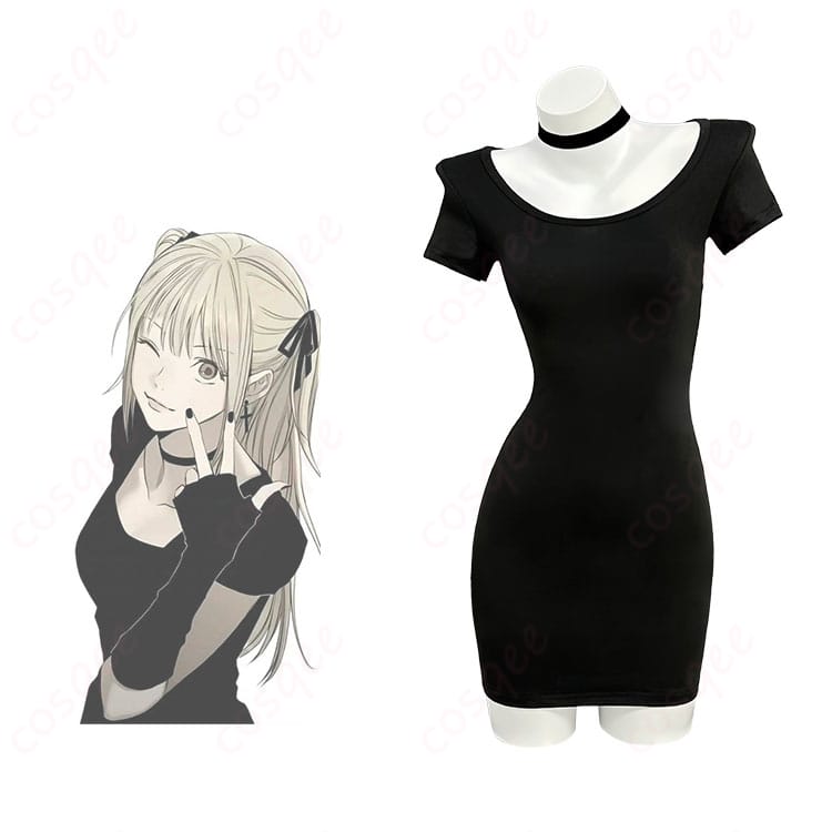 商品正面とキャラクターの組み合わせ写真 - DEATH NOTE 弥海砂のコスプレ衣装（黒ワンピース）の正面イメージ、キャラクターとの組み合わせ。
