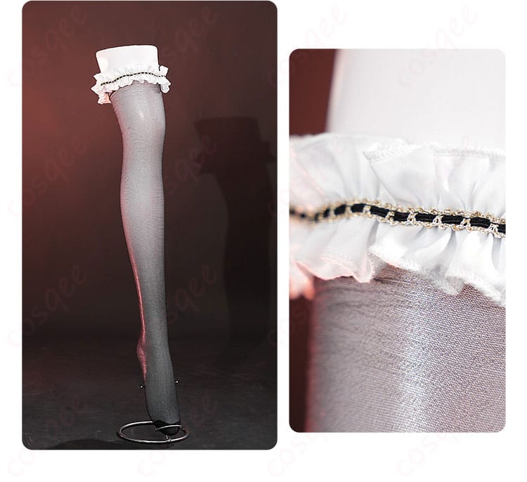 ストッキングの装飾部分のディテール。衣装に合った装飾が細かく施されています。