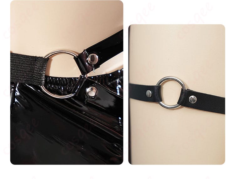 衣装の背面の細い帯と脚部の装飾。腰から下のディテールに焦点を当てた写真。