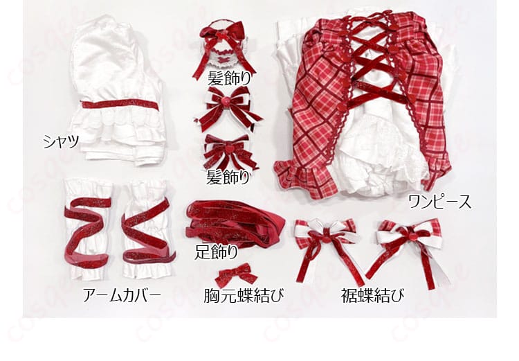 セット内容の展示。ワンピース、髪飾り、アームカバーなど、全てのアイテムが完璧に揃っています。