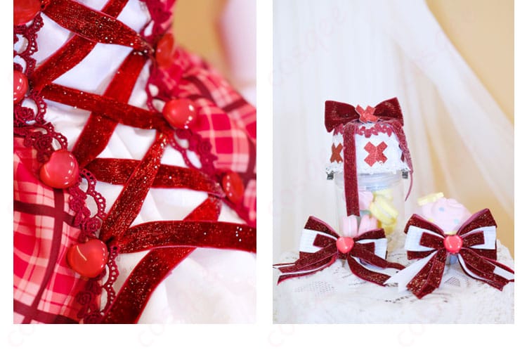 服装の系紐装飾と日奈森あむの髪飾りの詳細。キャラクターにぴったりなアクセサリー。