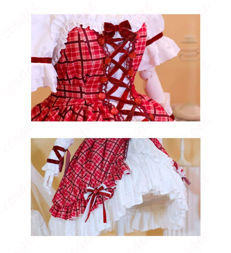 チェック柄ケーキドレスの服装装飾の細部。刺繍やリボンの美しいディテール。