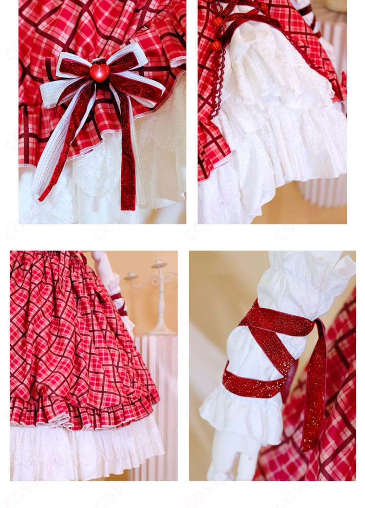 チェック柄ケーキドレスのスカート装飾と腕飾りの詳細。華やかで個性的なデザイン。