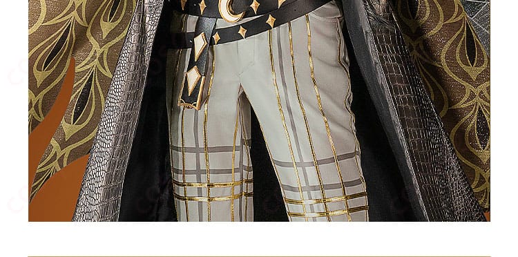 ズボンの装飾の細部。コスプレ衣装全体に調和するズボンのデザイン。