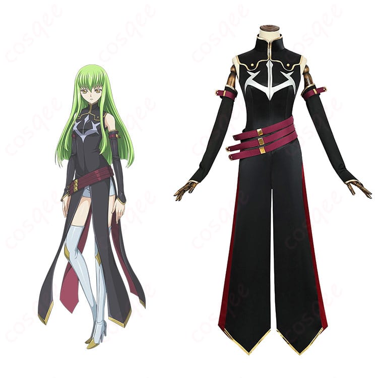 商品正面とキャラクター「C.C.」のコスプレ衣装『コードギアス 反逆のルルーシュ』 黒の騎士団 コスプレ衣装の正面とキャラクターを再現した画像。コスプレ通販で人気。