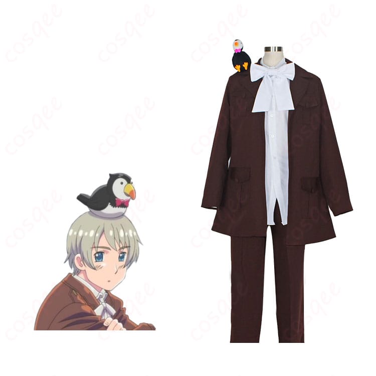 商品正面とキャラクターのコスプレ衣装の合わせた画像。アイスランドの服装を忠実に再現。