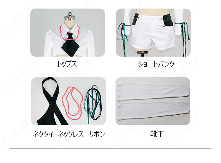 Rche(傲慢ちゃん)コスプレ衣装 セット内容を紹介。トップス、ショートパンツ、リボン、靴下など、コスプレに必要なすべてが揃っている。