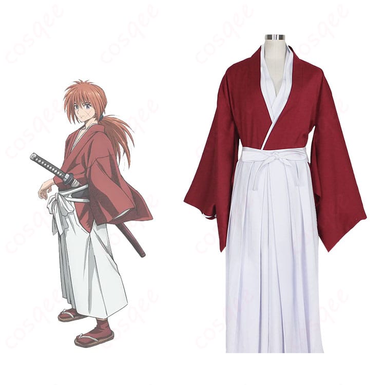 るろうに剣心 緋村剣心 コスプレ衣装 商品正面とキャラクターの組み合わせ画像。忠実再現の衣装で、イベントや撮影に最適です。